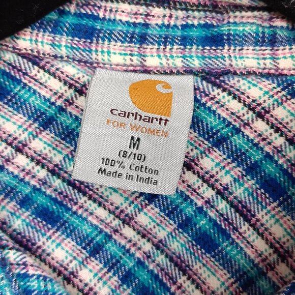 CARHARTT Flannel Shirt Women's Size M Blue White Plaid Long Sleeve Cotton - Picture 3 of 6